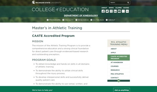 College of education masters in athletic Training Licensure page.